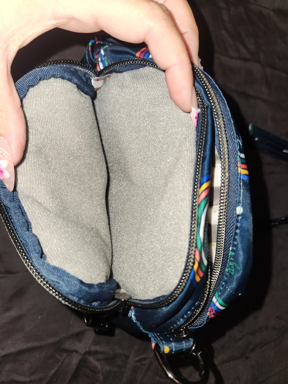 lug Can Can Navy Quilted Crossbody Bag with Rainbow Print